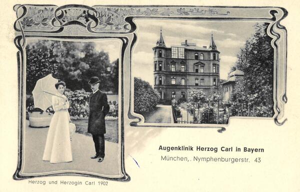 Bild vergrößern: Postkarte mit dem Herzog und seiner Frau sowie der Augenklinik in München